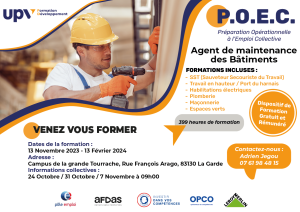 P.O.E.C Généraliste : «Maintenance générale des bâtiments» 2nd semestre 2023. Ce dispositif permet l’accès à un emploi direct ou à un contrat d’alternance dans ce domaine.